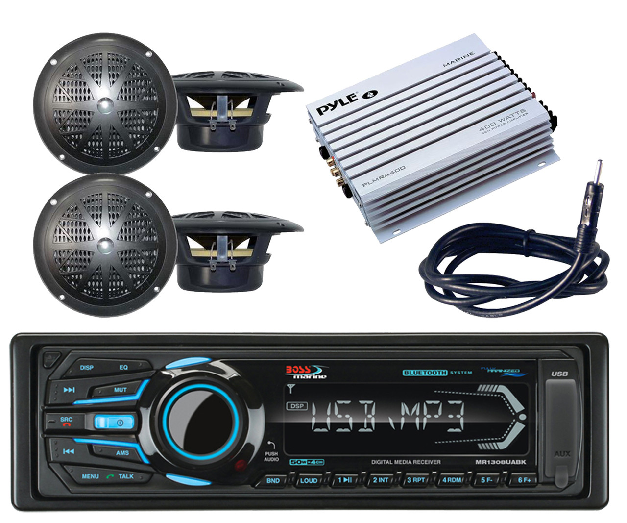 Boss USB Bluetooth AM FM iPod Radio,400W Amplifier,Antenna,4 Black Boat  Speakers - Road Entertainment