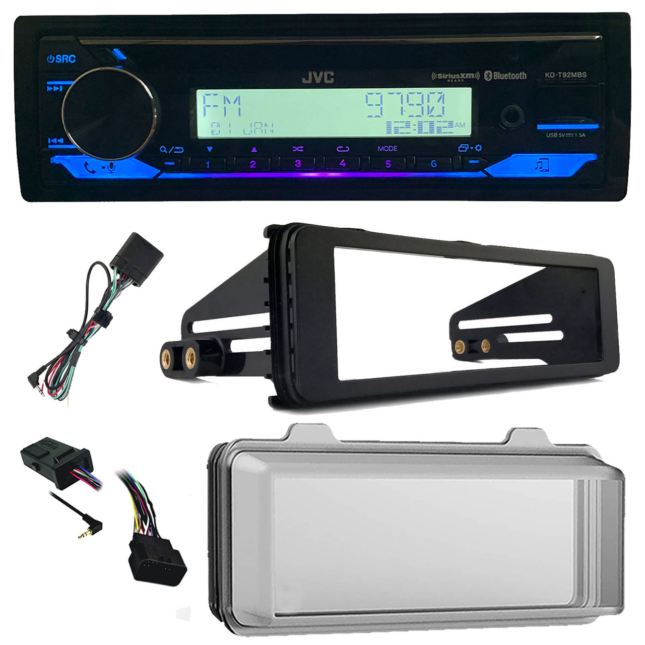 JVC KD-T92MBS Single DIN Marine MotorSports Bluetooth USB AUX Stereo CD  Player Receiver, Harley Davidson Single-DIN Stereo Install Kit,  Weathershield