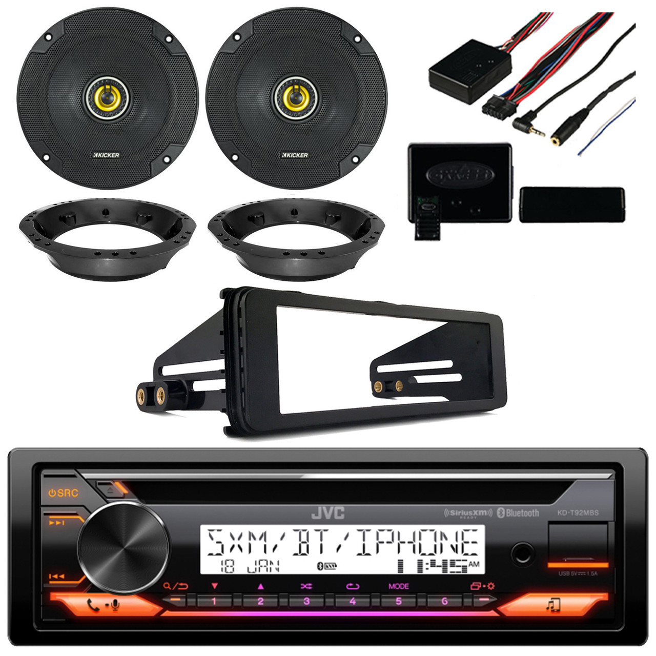 JVC KD-T92MBS Single DIN Marine Bluetooth USB AUX AM/FM SiriusXM Ready CD  Receiver Bundle with 2x Kicker CSC65 6.5