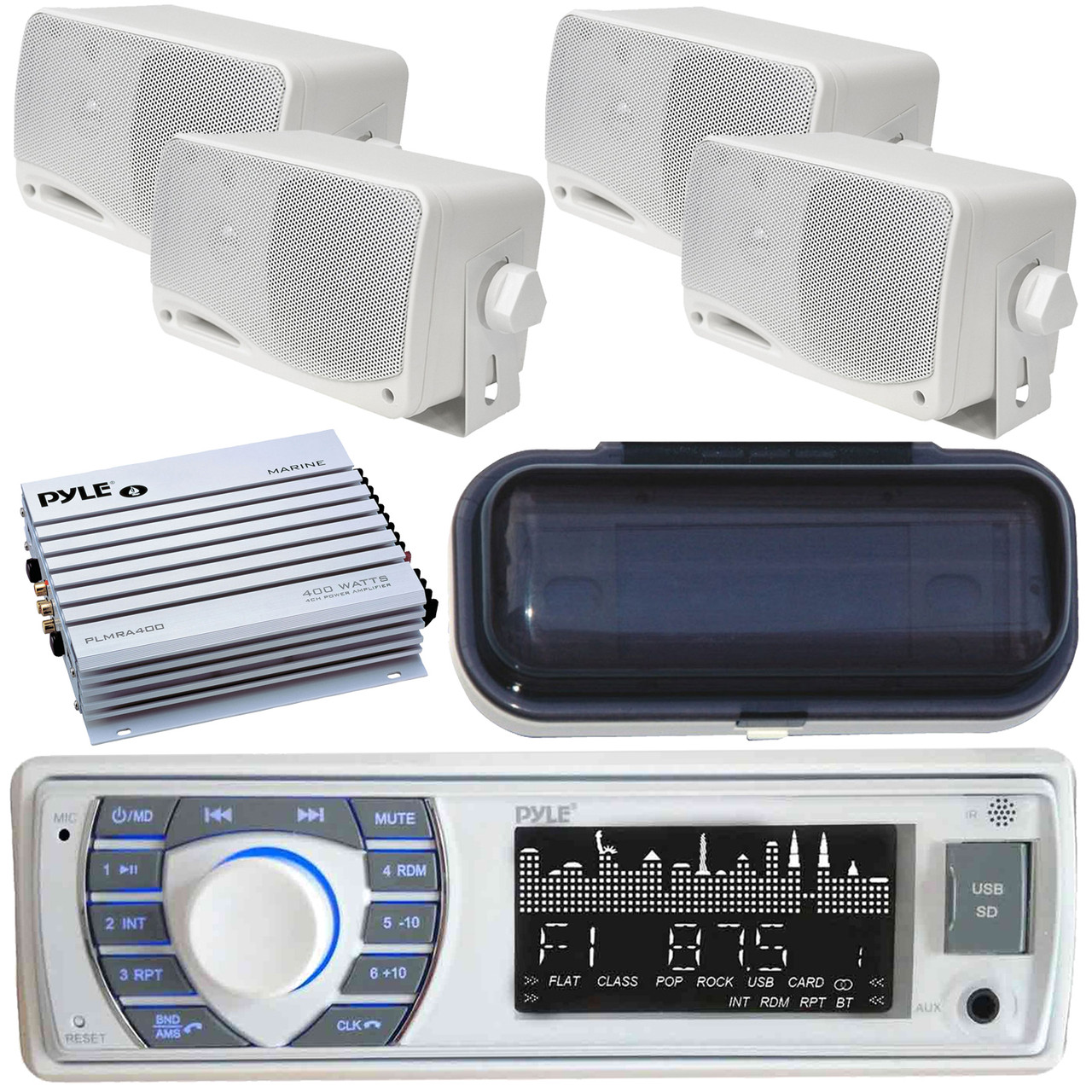 Pyle Bluetooth USB Radio 4" Marine Speakers Cover Antenna 3.5" Box Speakers 