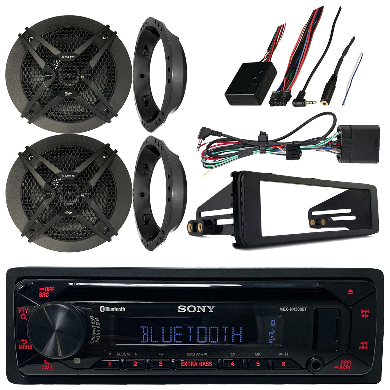 Sony MEX-N4300BT Bluetooth USB/AUX CD Radio, Pair of Sony XS-GTF1639  270-Watt 6-1/2 Inch 3-Way Black Car Audio Speakers, Harley 98-2013 FLHX  Adapter