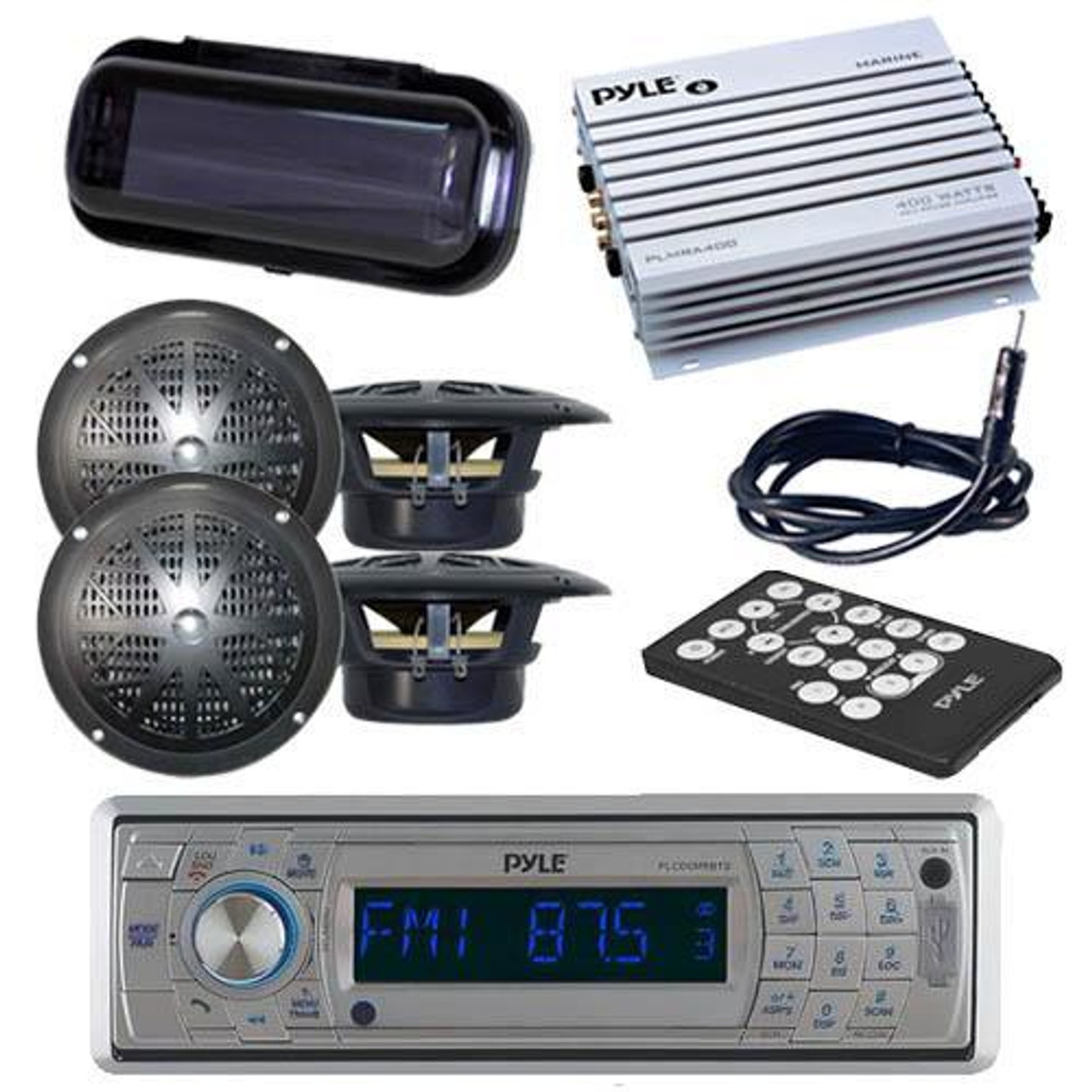 4 White Speakers 400W Amp New Marine Boat MP3 Player AUX Radio /Cover Antenna 