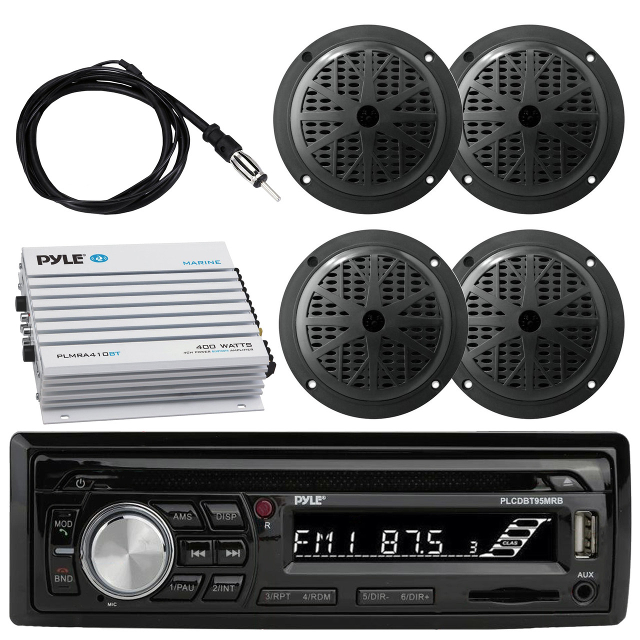 Pyle PLCDBT95 Single DIN Marine Bluetooth USB Stereo Receiver, 4x Marine  Boat Radio Stereo Speakers, Antenna, 4-Channel Bluetooth Amplifier - Road  Entertainment