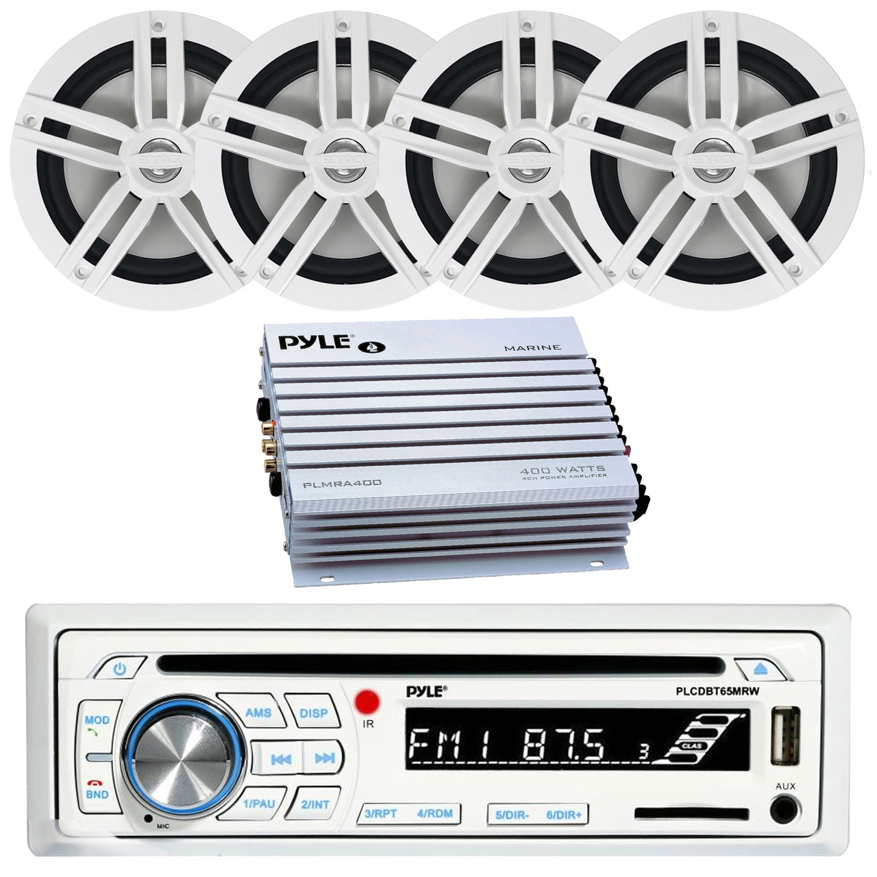 Pyle PLCDBT65 Bluetooth Marine Stereo AM/FM Radio CD Player Receiver System, 4x Enrock EM265W 180 Watts 6.5'' 2-Way Marine Speakers, PLMRA400 Pyle 4-Channel Waterproof White Amplifier - Road Entertainment Pyle PLCDBT65 Bluetooth Marine Stereo AM/FM Radio CD Player Receiver System, 4x Enrock EM265W 180 Watts 6.5'' 2-Way Marine Speakers, PLMRA400 Pyle 4-Channel Waterproof White Amplifier - Road Entertainment