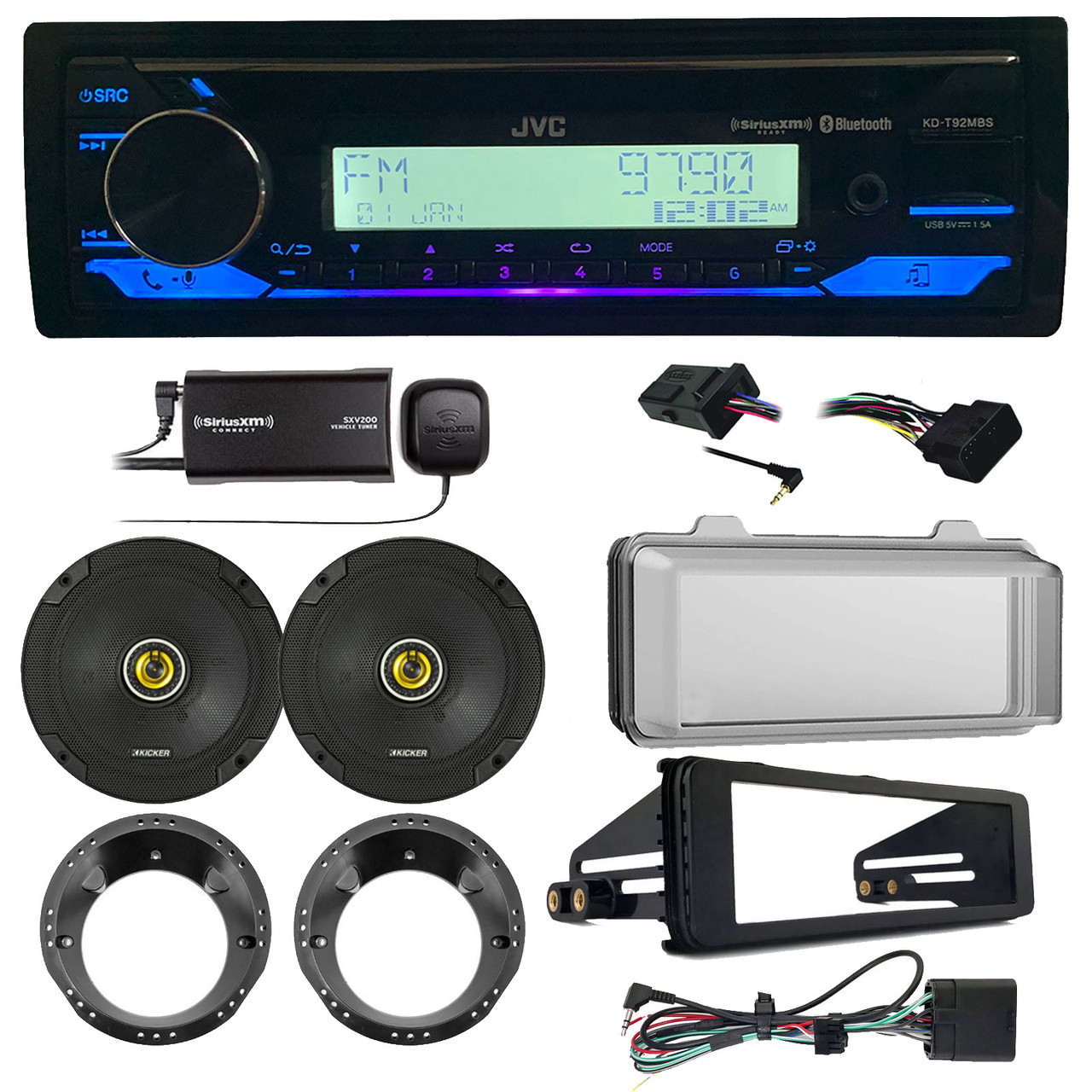 JVC KD-T92MBS Single DIN Marine MotorSports Bluetooth USB AUX CD Player  Stereo Receiver, 2x Kicker 6.5