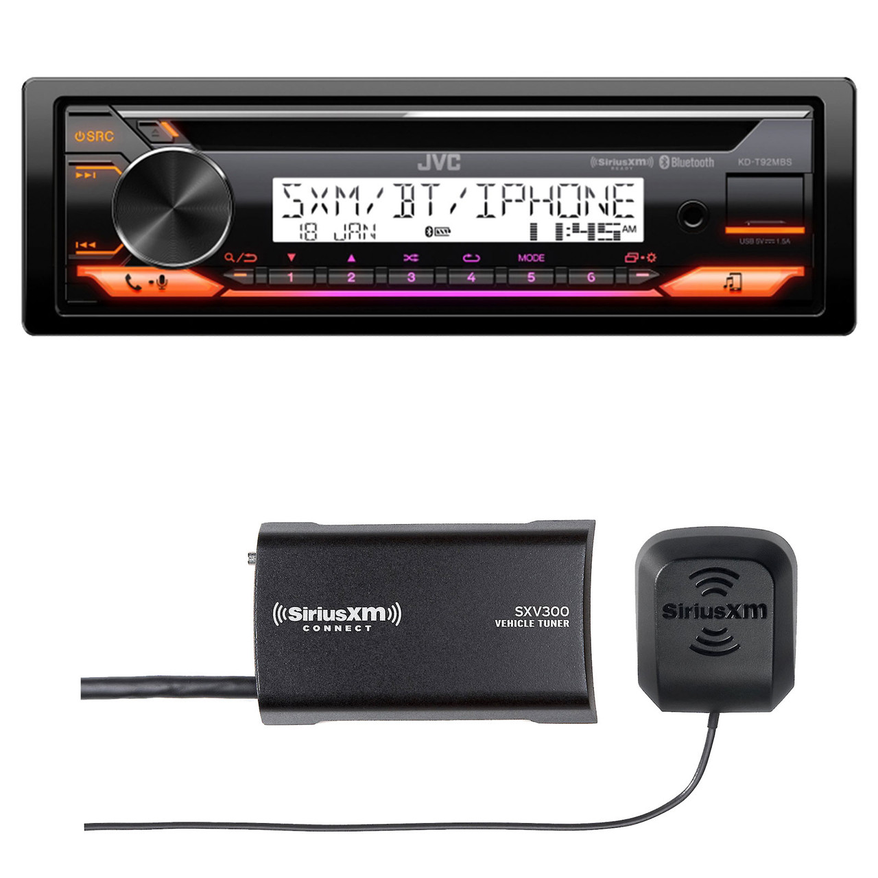 JVC KD-T92MBS Single DIN Bluetooth USB AUX Marine CD Player Receiver with  SiriusXM Satellite Radio Tuner Kit