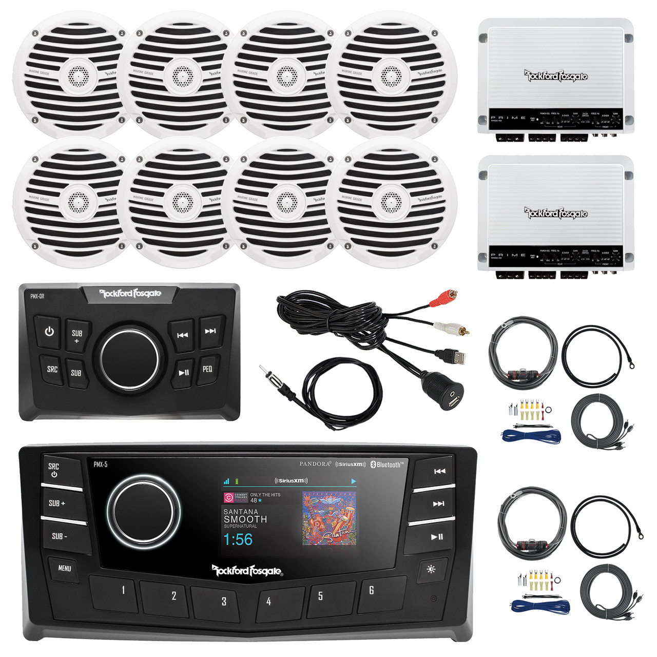Rockford Fosgate 2 7 Din Am Fm Bluetooth Stereo Receiver Remote Control 4x 6 5 Boat White Speakers 4 Channel White 400 Watt Amplifier Amp