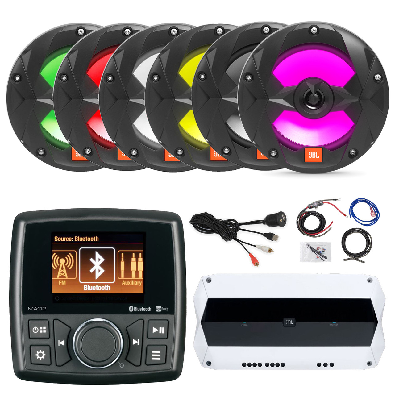 Marine Audio MA112 2.8 Color Display Marine Stereo USB Bluetooth Receiver,  6x JBL 6.5 225W 2-Way Multicolor LED Speakers (Bulk Packaging), JBL 1000W  4-Channel Amplifier w/ Kit, USB/AUX Interface - Road Entertainment