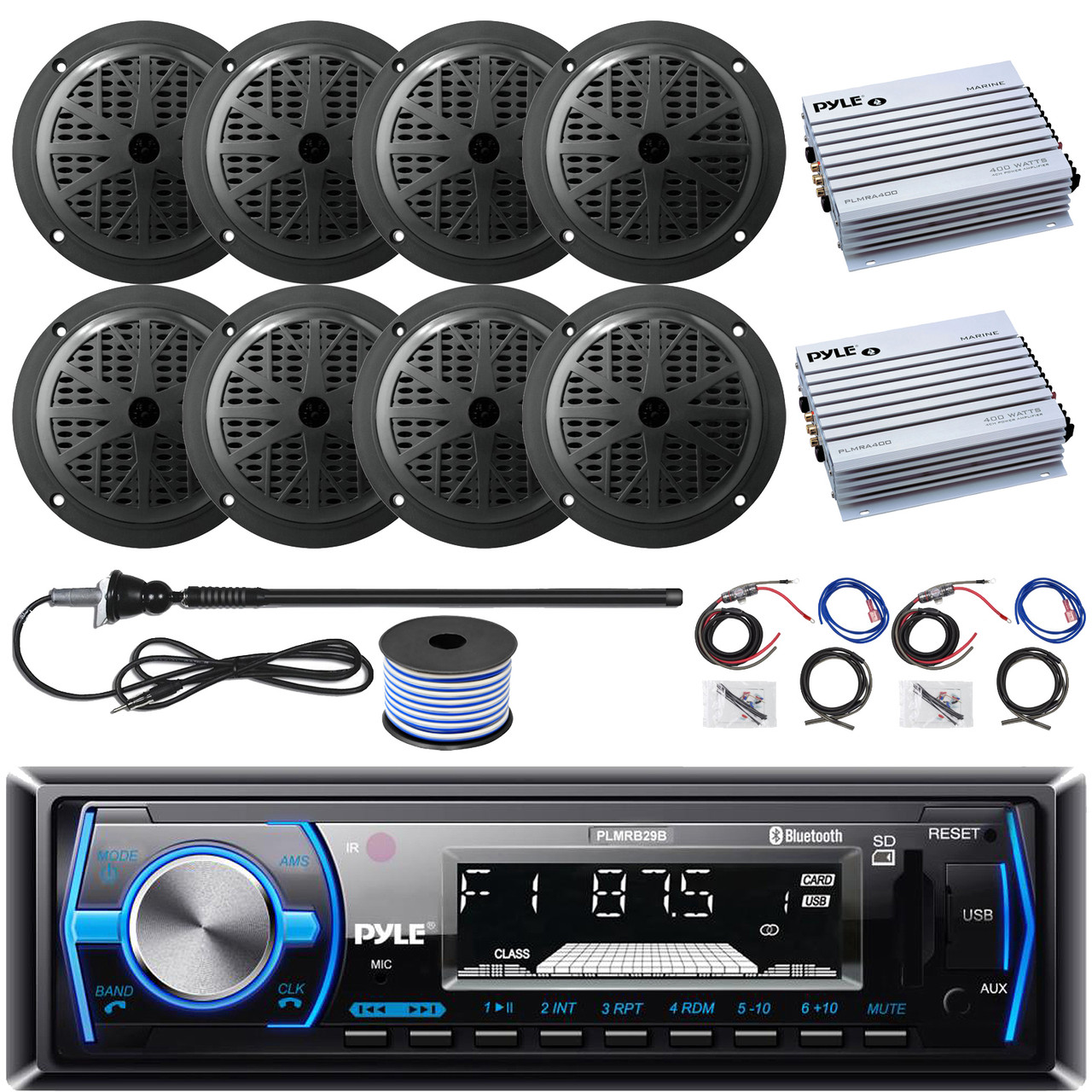 Pyle PLMRB29B Single DIN Bluetooth In-Dash Stereo Receiver, 8x 5.25'' 100  Watt Peak Power 2-Way Full Range Marine Stereo Speakers w/Wire, 2x  4-Channel