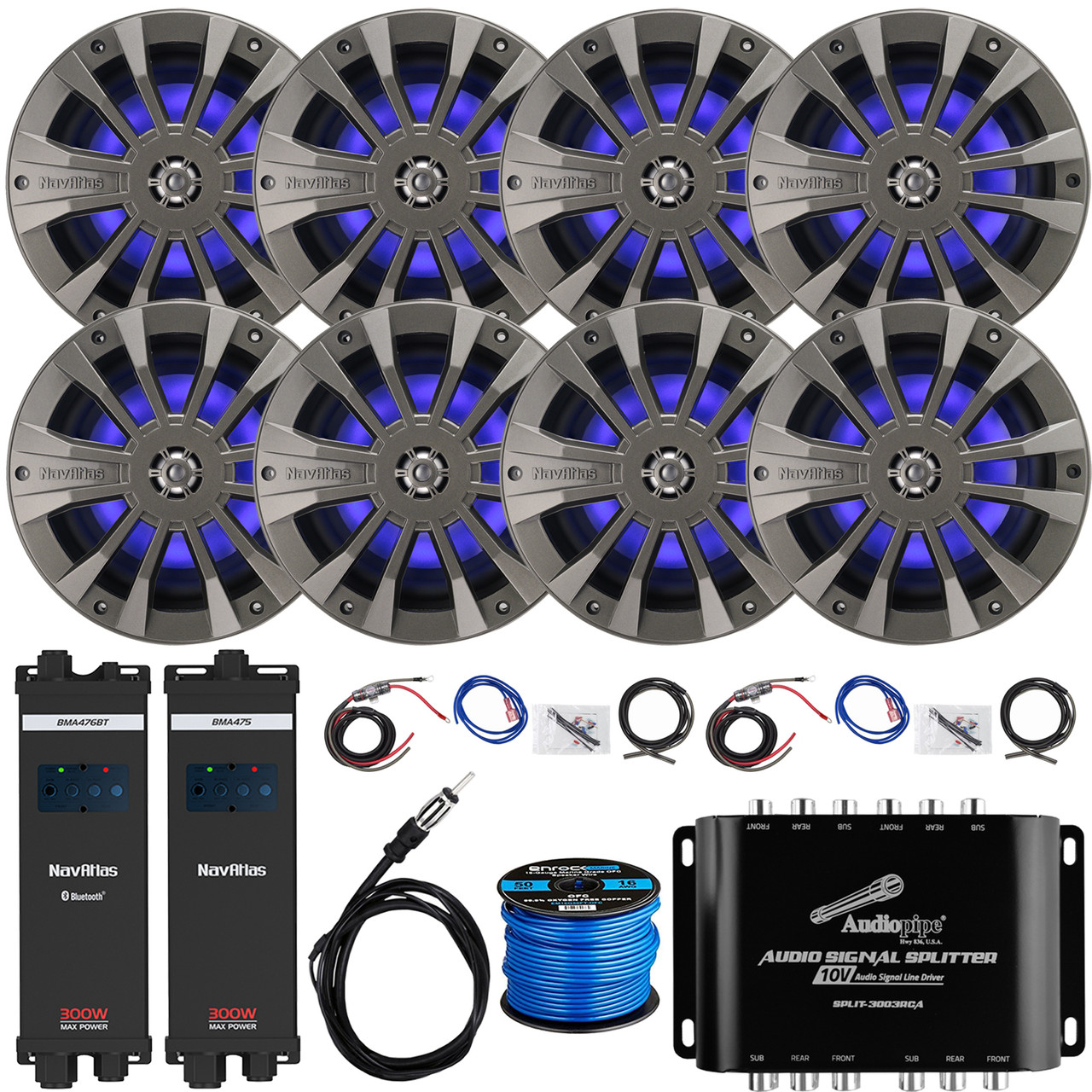 36' - 42' Boat: 2x NavAtlas 4-Channel Waterproof 300W Peak Amplifiers  Bundle Combo with 8x 6.5” Waterproof 200W RMS Full-Range LED Speakers,  Signal