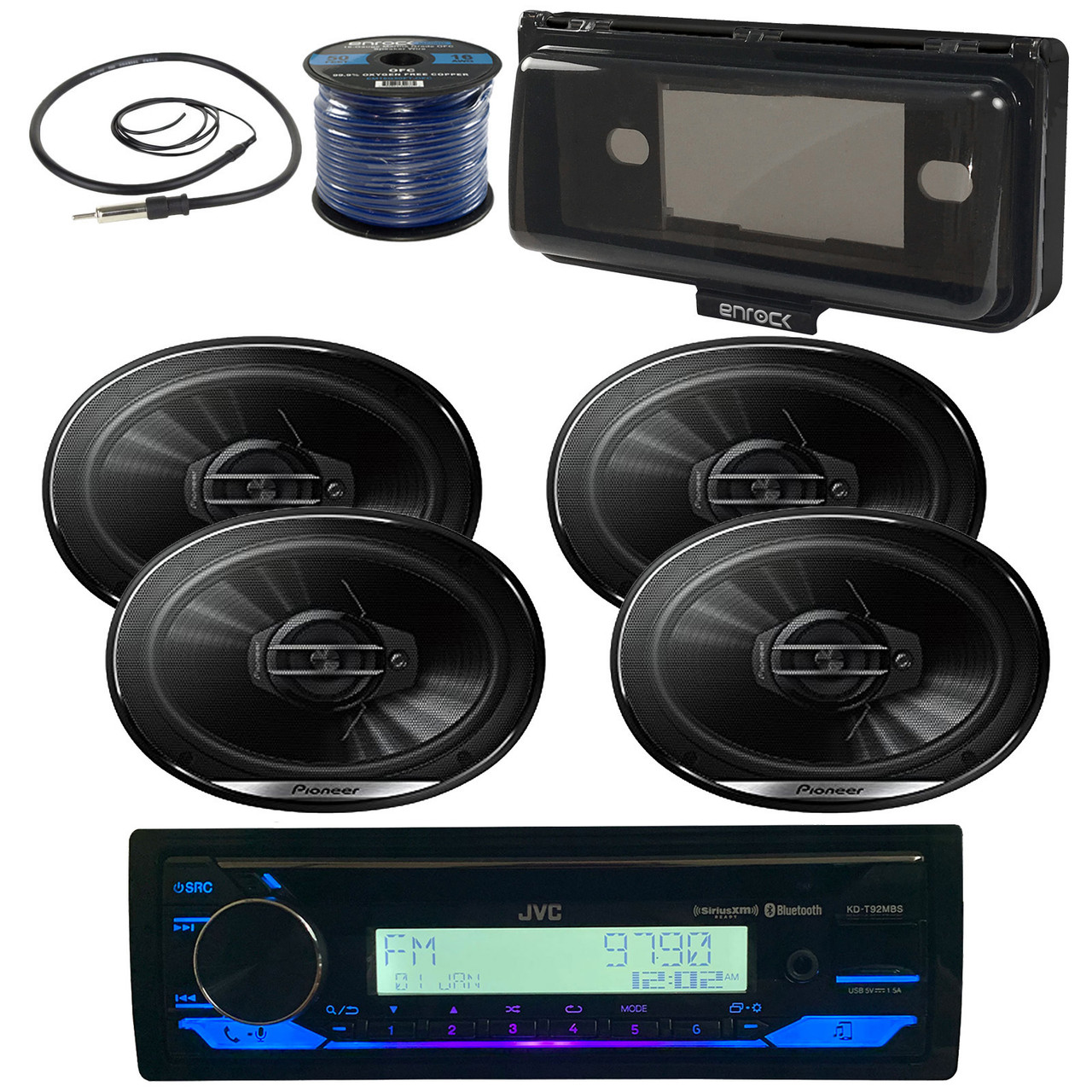 JVC KD-T92MBS Single DIN Marine Bluetooth USB AUX AM/FM Radio CD Player  Receiver, Enrock Radio Cover, 4x 6X9