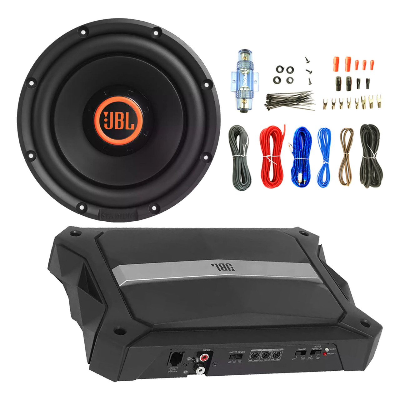 JBL Stadium 600 High-Performance Class D 1500 Watts Peak Power Car Audio  Mono Amplifier Bundle with 10