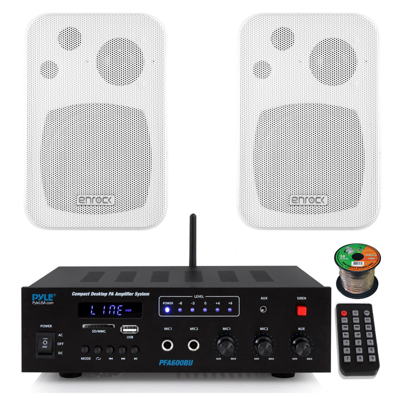 Pyle PFA600BU Compact Bluetooth USB AUX FM Radio Public Address Amplifier  Receiver System Combo Bundle with 2x 4