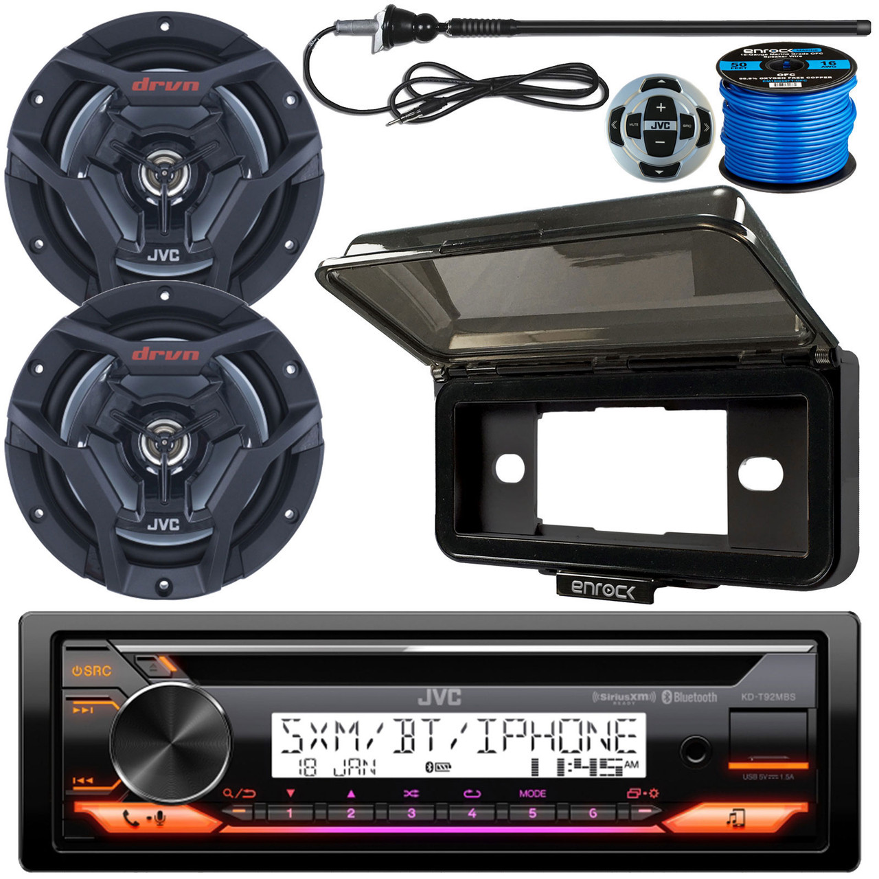 Single DIN Marine Bluetooth USB AUX AM/FM Radio CD Player Receiver Bundle  Combo with 2x 6.5