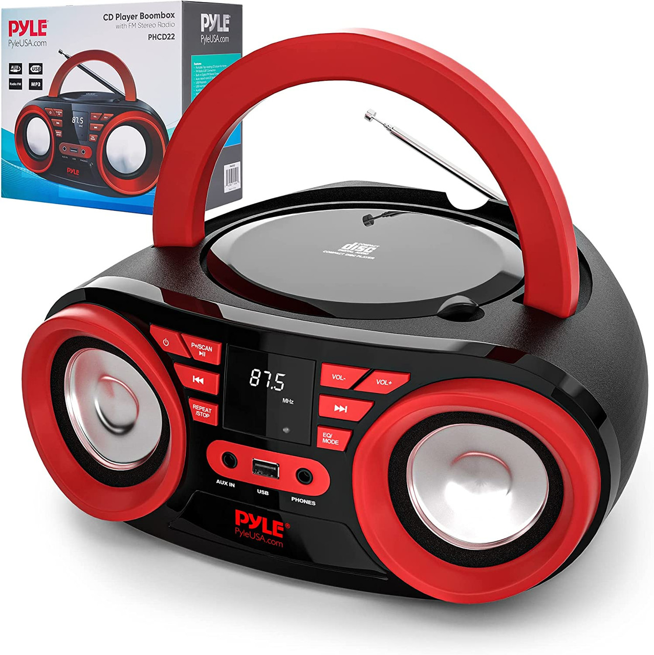 Portable CD Player Boombox with AM/FM Stereo Radio - Wireless BT Streaming  & Enhanced Sound, CD-R/CD-RW/MP3/WMA Playback, USB Port, AUX Input,