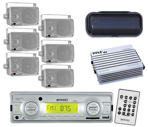 USB AUX SD Card Functions Radio Player Silver w/6 x 3.5" Speakers + Amp & Cover