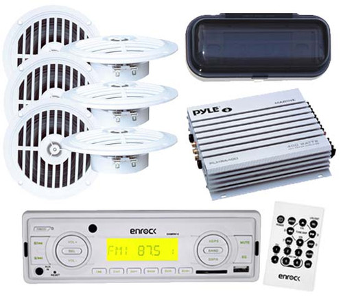 Enrock Marine Boat USB AUX Radio Receiver w/Remote 6 x 5.25" Flush Speakers+ Amp