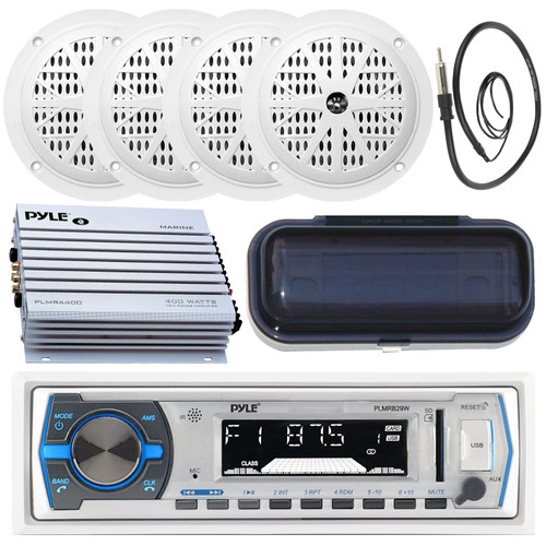 Pyle PLMRB29W Marine Boat MP3 AUX USB Bluetooth Media Radio 4 X Speakers Amp Pkg