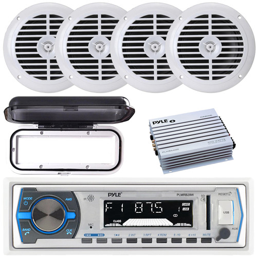 Pyle PLMRB29W Single DIN Marine Bluetooth USB/AUX MP3 Player AM/FM Radio Stereo In-Dash White Receiver W/White Cover, 4x 6.5'' 120W Max Power Full Range Waterproof Boat Speakers, 4-Channel Amplifier