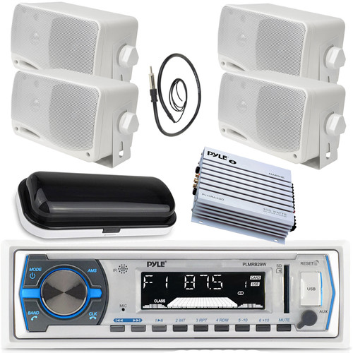 Pyle PLMRB29W Single DIN Marine Bluetooth USB/AUX Boat Stereo Receiver, 4x PLMR24 Pyle 3.5'' 200 Watt 3-Way Speaker (White), Pyle 4 Channel 400W Marine Amplifier, Radio Cover, Antenna