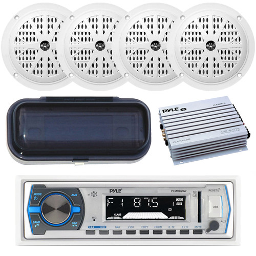 Pyle PLMRB29W Marine In-Dash AM/FM USB AUX Bluetooth Receiver with 4 X Speakers, 400W 4-Channel Amp, Radio Cover
