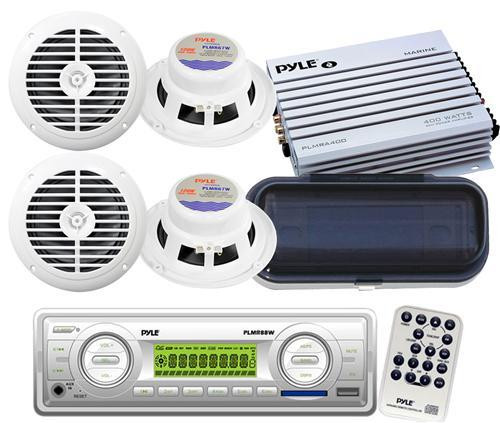 New Pyle Marine Boat USB AM FM AUX Media Receiver Radio 4-6.5" Speakers Amp Pkg