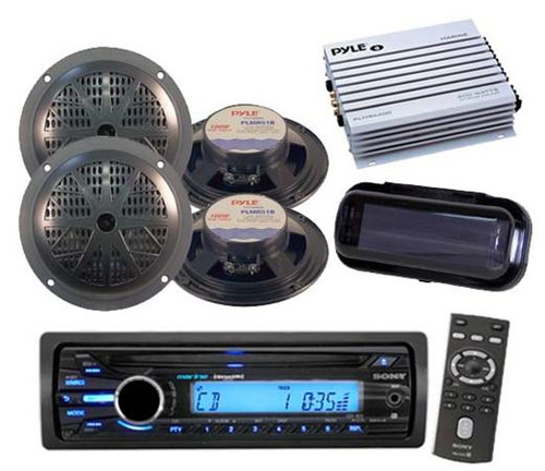New Sony Marine Radio AUX iPod Input Stereo Cover & 4 x 5.25" Round Speakers Amp