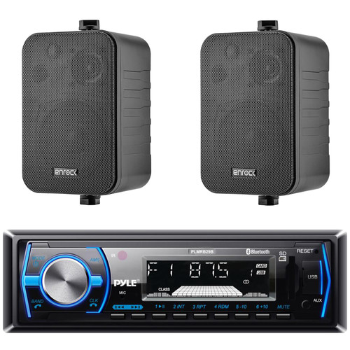 Pyle PLMRB29B Single DIN Bluetooth In-Dash Stereo Radio USB AUX Headunit Receiver, 2x Enrock 4" 30W 3 Way Speakers Black