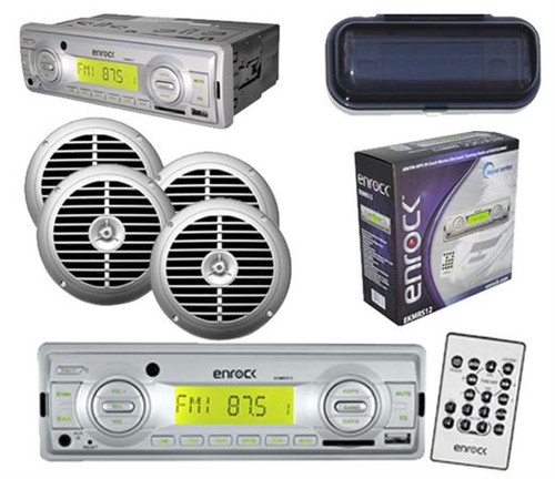 AM/FM MP3 Marine Boat Receiver USB AUX Input w/Cover & 4 x 6.5" Silver Speakers