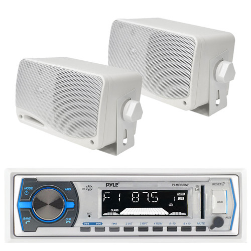 Pyle PLMRB29W Marine Boat MP3 USB SD AUX Radio Bluetooth Digital Media Receiver with Pair of 3.5" White Box Speakers PLMR24