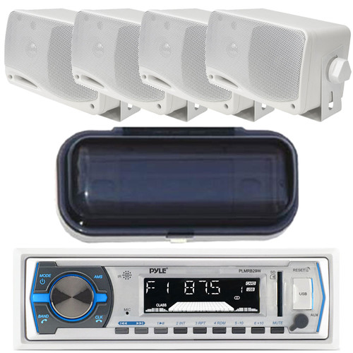 Pyle PLMRB29W Marine Boat MP3 USB SD AUX Radio Bluetooth Digital Media Receiver & Cover + 4 x 3.5" Box Speakers