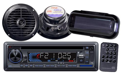 Black Marine Boat USB CD MP3 AUX Radio w/Stereo Cover  2 x 6.5" Round Speakers