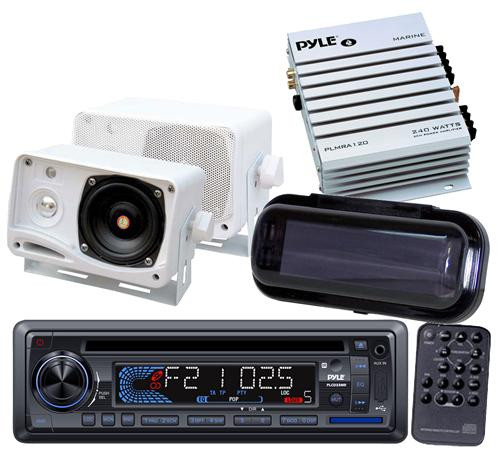 Marine Boat CD USB MP3 Stereo Pyle w/2  Box Speakers + Amplifier & Stereo Cover