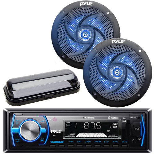 Pyle PLMRB29B Black Marine Boat USB MP3 AUX AM/FM Radio Receiver with Black Radio Cover, 4" 100 Watt Max 2-Way Marine Low Profile Blue Flashing LED Boat Audio Speakers (Pair)