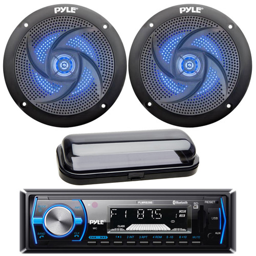 Pyle PLMRB29B Single DIN Bluetooth MP3 In-Dash Stereo Black Receiver W/Black Cover Bundle Combo One Pair (QTY 2) Of 4" 100 Watt Max 2-Way Low-Profile Blue Flashing LED Boat Audio Speakers