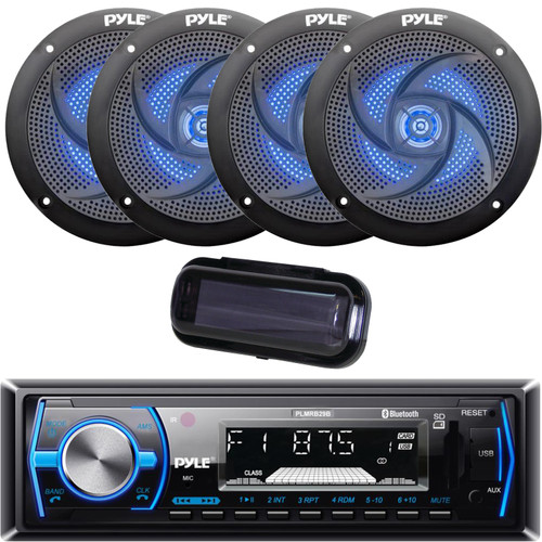 Pyle PLMRB29B Single DIN Bluetooth MP3 In-Dash Stereo Receiver W/Black Cover Bundle Combo Two Pairs (QTY 4) Of Pyle PLMRS43BL 4" 100 Watt Max 2-Way Low Profile Blue Flashing LED Boat Audio Speakers