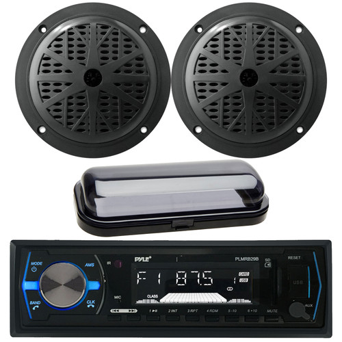 Pyle PLMRB29B Single DIN AM/FM Radio USB/AUX Bluetooth Marine Stereo Black Receiver with Pair of 5.25" Round Speakers and Splash Cover