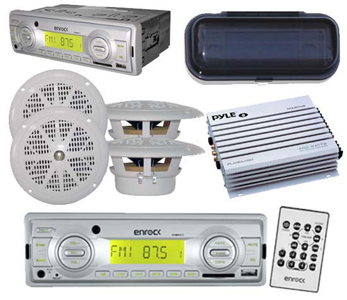 Indash Marine AM/FM MP3 Media Receiver w/ Remote 4 x 4" White Speakers withCover