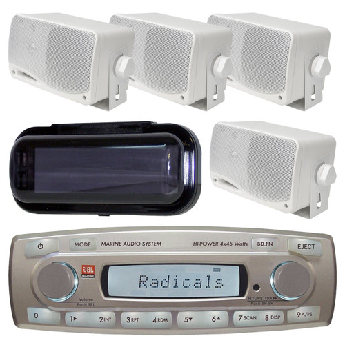 4 x 45 Watt JBL MR18.5 AM/FM Radio Waterproof Marine Stereo Receiver, PLMR24 Pyle 3.5'' 200 Watt 3-Way Weather Proof Mini Box Speaker System (White), PLMRCB1 Pyle Water Resistant Radio Shield (Black)