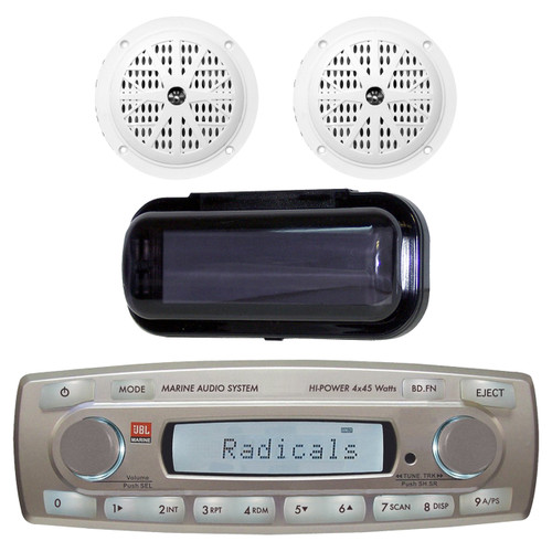 4 x 45 Watt JBL MR18.5 AM/FM Radio Waterproof Marine Stereo Receiver, PLMR51W Pyle 100 Watts 5.25'' 2 Way Marine Speakers (White), PLMRCB1 Pyle Water Resistant Radio Shield (Black)