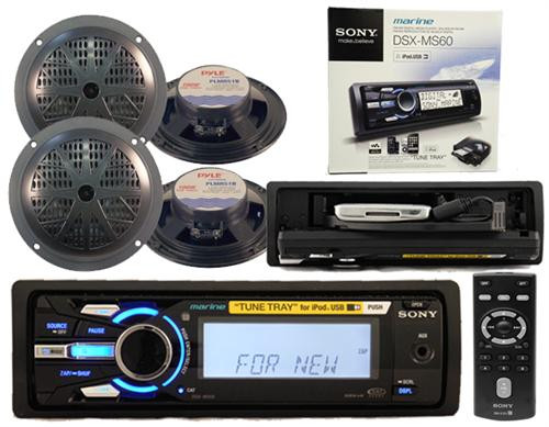 New Sony DSX-MS60 Marine Boat MP3 iPod Tray Radio Stereo + 4 Speakers Package