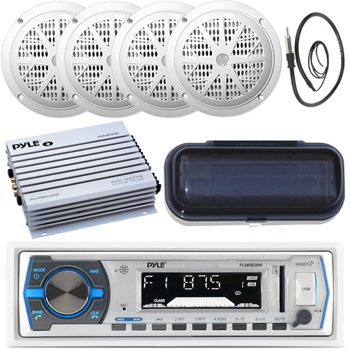 Pyle PLMRB29W Bluetooth In-Dash AM/FM Radio Stereo USB AUX White Headunit Receiver with Cover, 4 x 4" White Speakers, Antenna, 4-Channel Waterproof Amplifier