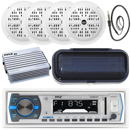 4 White Speakers 400W Amp New Marine Boat MP3 Player AUX Radio /Cover Antenna
