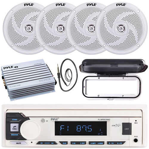 Pyle PLMRB29W2 Single DIN Marine Bluetooth USB/AUX MP3 Player AM/FM Radio Stereo Receiver w/White Cover, 4x 5.25" 180W Max 2-Way Low Profile Slim Style Speakers, 4-Channel Amplifier, Radio Antenna