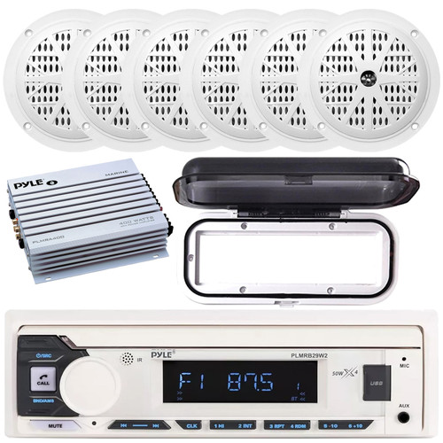 Pyle PLMRB29W2 Single DIN Marine Bluetooth USB/AUX MP3 Player AM/FM Radio Stereo Receiver w/White Cover, 6x 5.25" 100 Watt Max Power 2 Way White Boat Speakers, 4 Channel 400 Watt Amplifier
