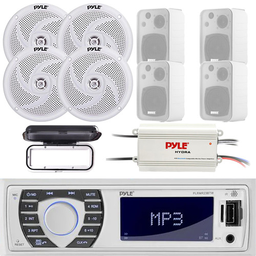 Pyle PLRMR23BTW Single DIN Marine Bluetooth USB/AUX MP3 Player AM/FM Radio In-Dash Stereo Receiver w/White Cover, 4x 5.25" 180W Max Speakers, 4x 4" 30W Max Indoor/Outdoor Speakers, 4-Channel Amplifier