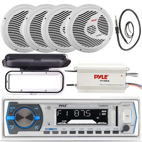 Pyle PLMRB29W Single DIN Marine Bluetooth USB/AUX MP3 Player AM/FM Radio In-Dash White Stereo Receiver W/White Cover, 4x 6.5" 150W Max Full Range Dual Cone Speakers, 4-Channel Amplifier, Radio Antenna