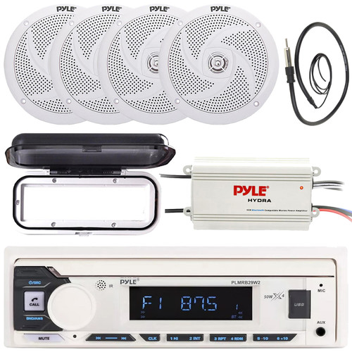 Pyle PLMRB29W2 Single DIN Marine Bluetooth USB/AUX MP3 Player AM/FM Radio Stereo Receiver W/White Cover, 4x 6'' 240W Max Power Low Profile 2-Way White Boat Speakers, 4-Channel Amplifier, Radio Antenna