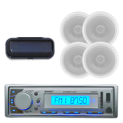 EKMR20SL Marine Boat Radio MP3/USB/SD/AUX iPod Receiver W/Cover + 4 New Speakers - MPE9411