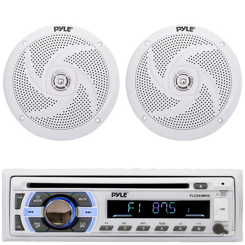 Pyle PLCD43MRB Single DIN Marine Bluetooth USB/AUX MP3 Player AM/FM Radio In-Dash Head unit Stereo Receiver, 2x Pyle PLMRS6W 6'' 240 Watt Max Power Low Profile 2-Way White Boat Speakers